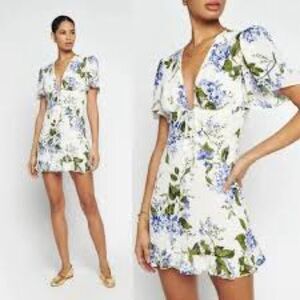 🌸REFORMATION women’s Mya white & blue Floral Riviera v neck mini dress sz 0